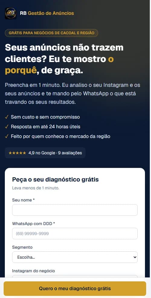Landing page da RB aberta no celular, com formulário de diagnóstico